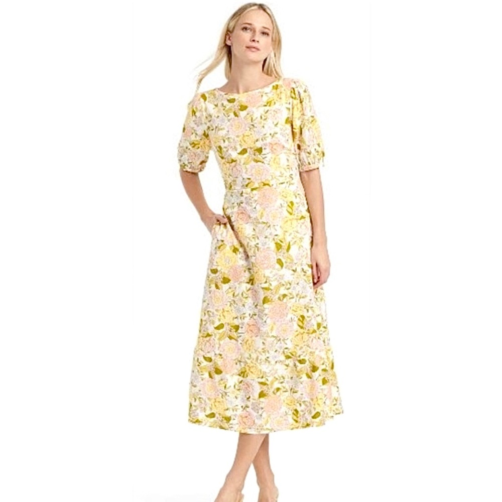 Last One Linen Floral Print Tie Back Midi Dress With Puff Sleeves & Side Pockets - Picture 8 of 11